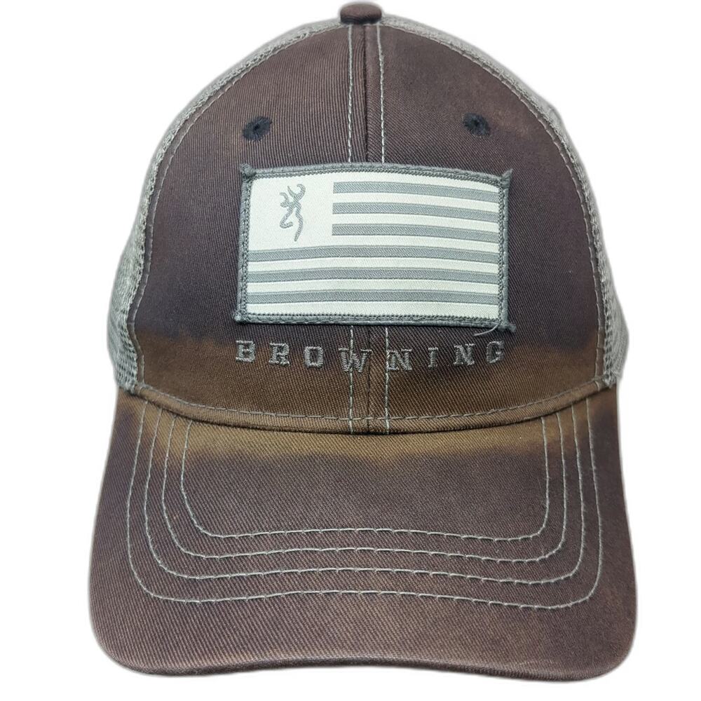 Browning Trucker Hat Gray One Size Mesh Back American Flag Buckmark Logo Patch
